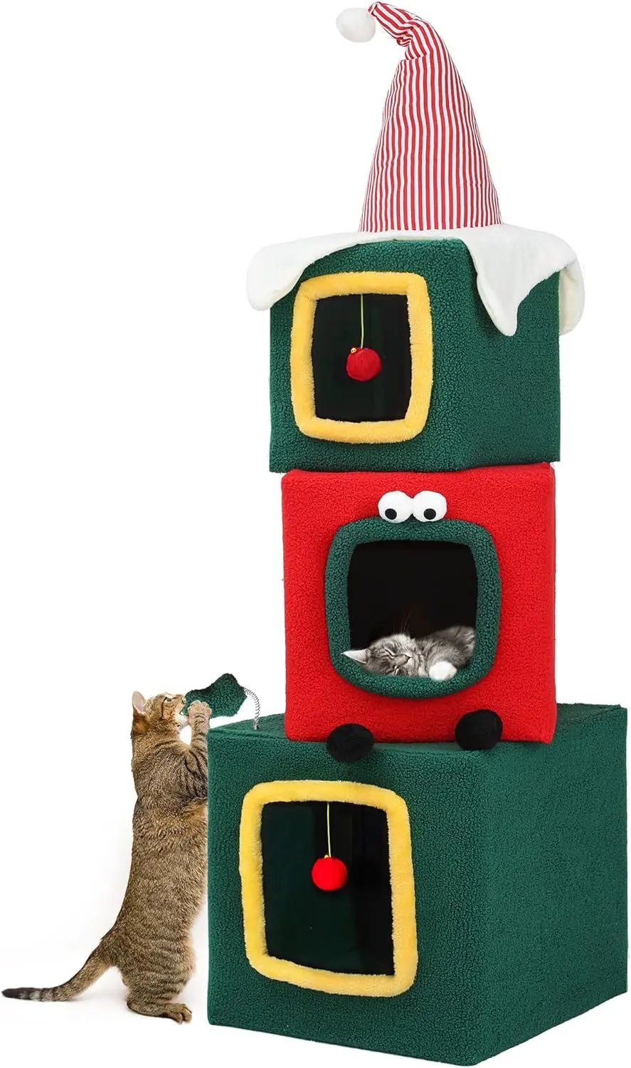 60" Christmas Themed Cat Tree Tower with 3 Cat Houses & Toys