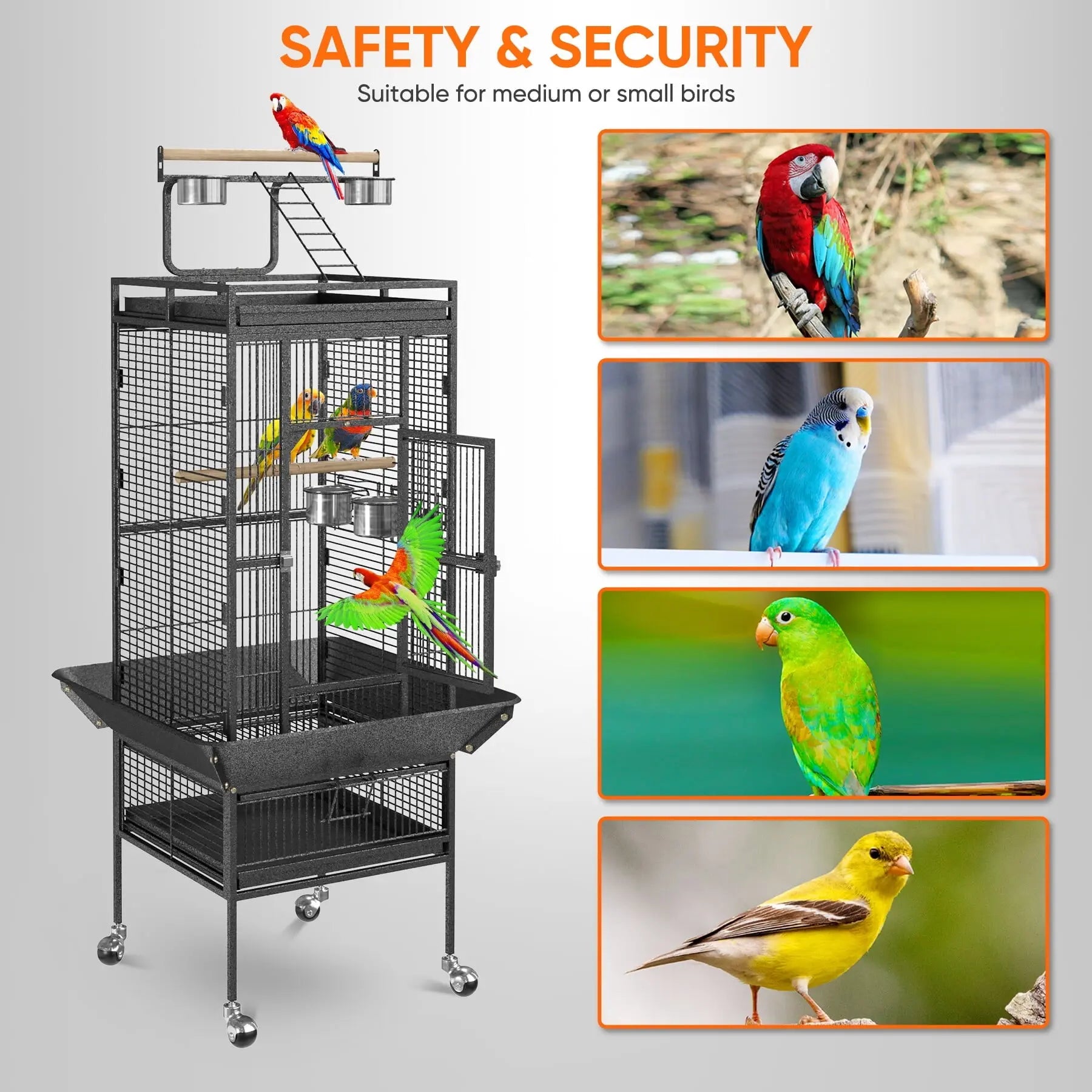 61-In Large Bird Cage Play Top W/Rolling Stand for Parrot Bird Black Iron Frame
