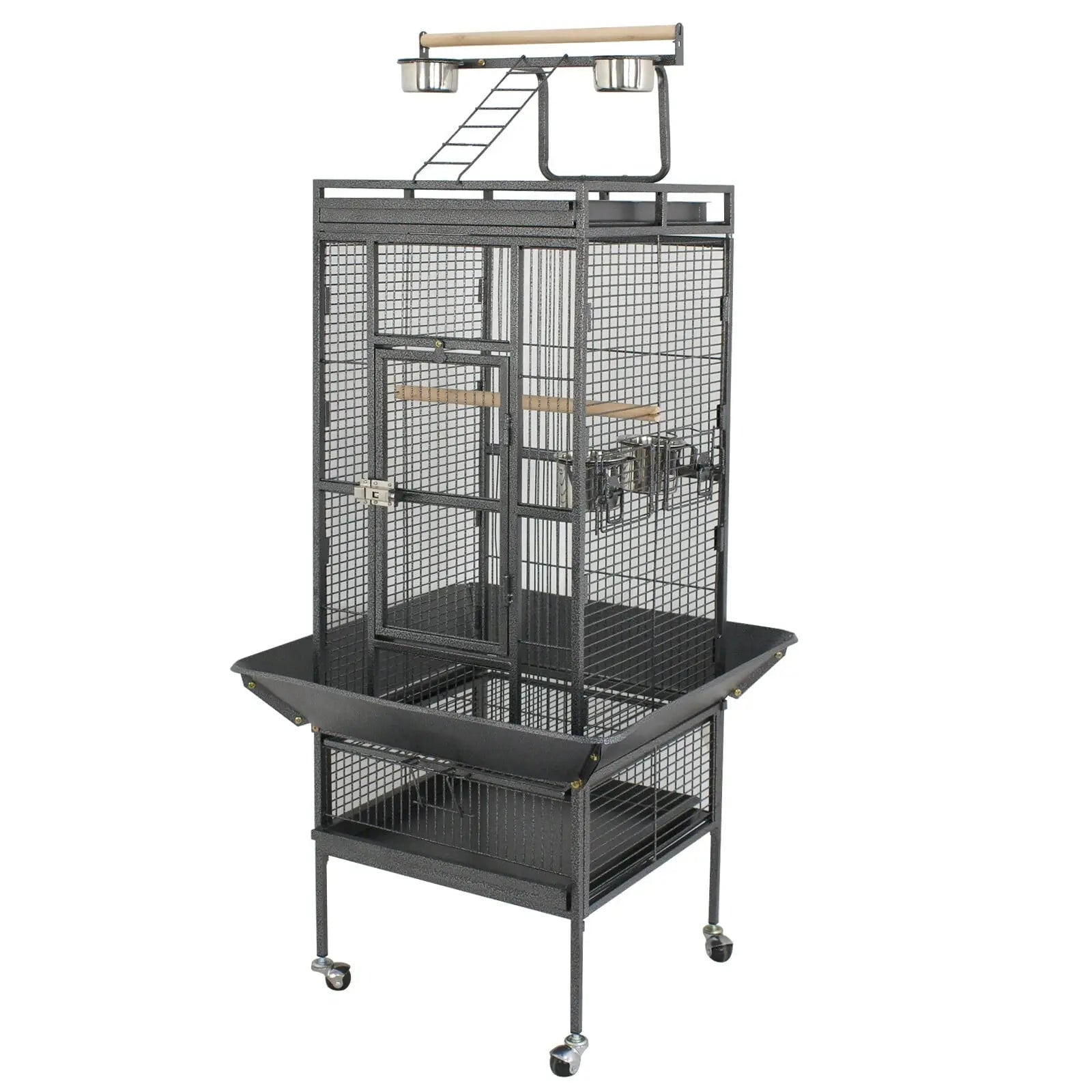 61-In Large Bird Cage Play Top W/Rolling Stand for Parrot Bird Black Iron Frame 61-Inch
