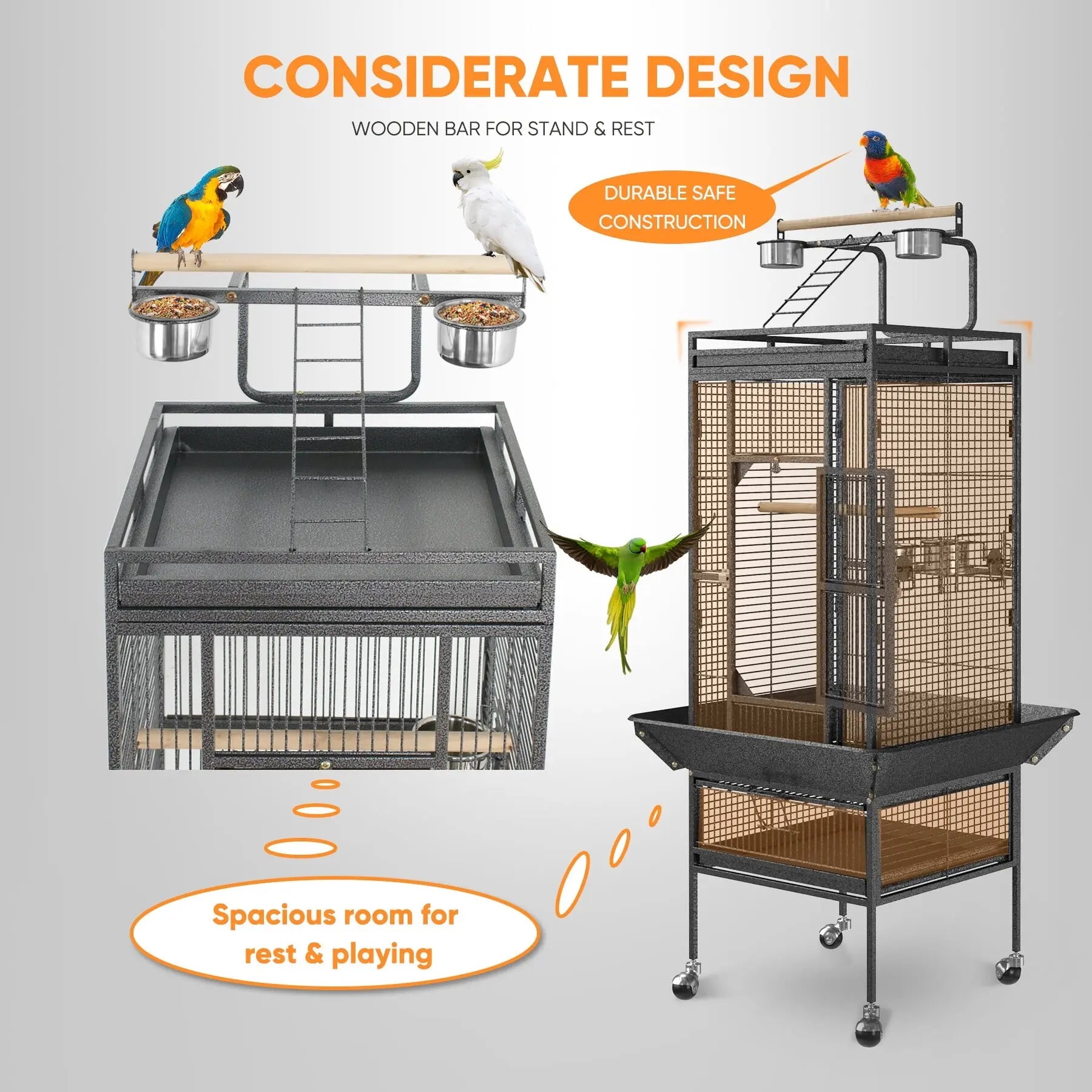 61-In Large Bird Cage Play Top W/Rolling Stand for Parrot Bird Black Iron Frame