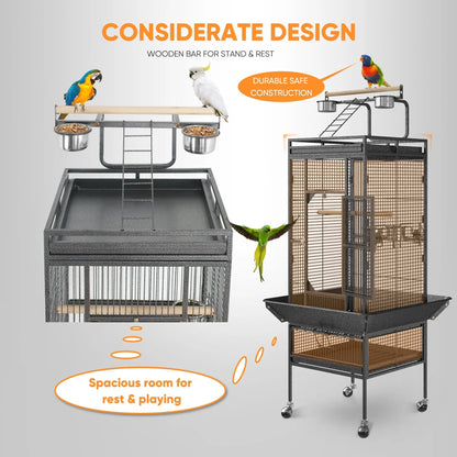 61-In Large Bird Cage Play Top W/Rolling Stand for Parrot Bird Black Iron Frame