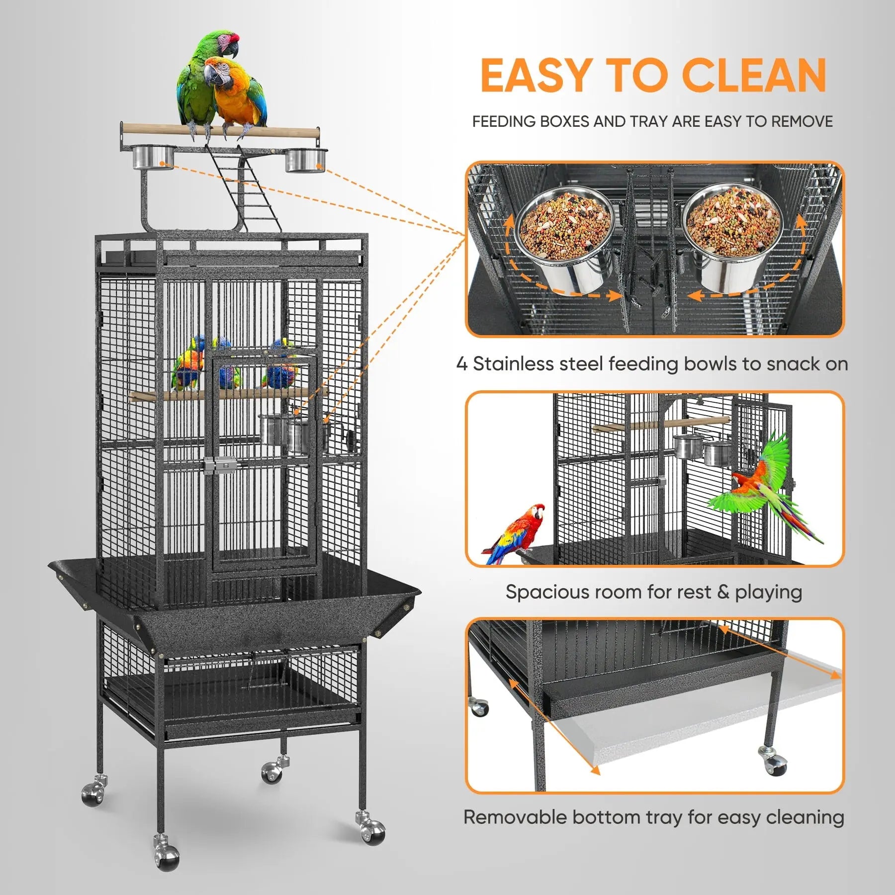 61-In Large Bird Cage Play Top W/Rolling Stand for Parrot Bird Black Iron Frame