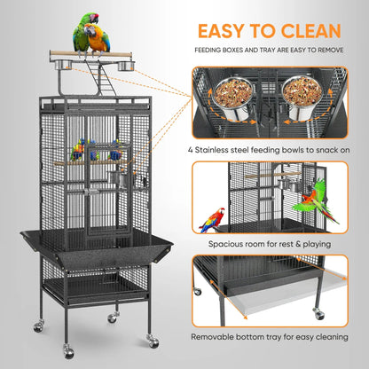 61-In Large Bird Cage Play Top W/Rolling Stand for Parrot Bird Black Iron Frame