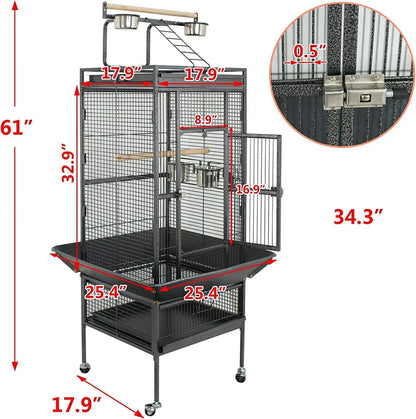 61-In Large Bird Cage Play Top W/Rolling Stand for Parrot Bird Black Iron Frame