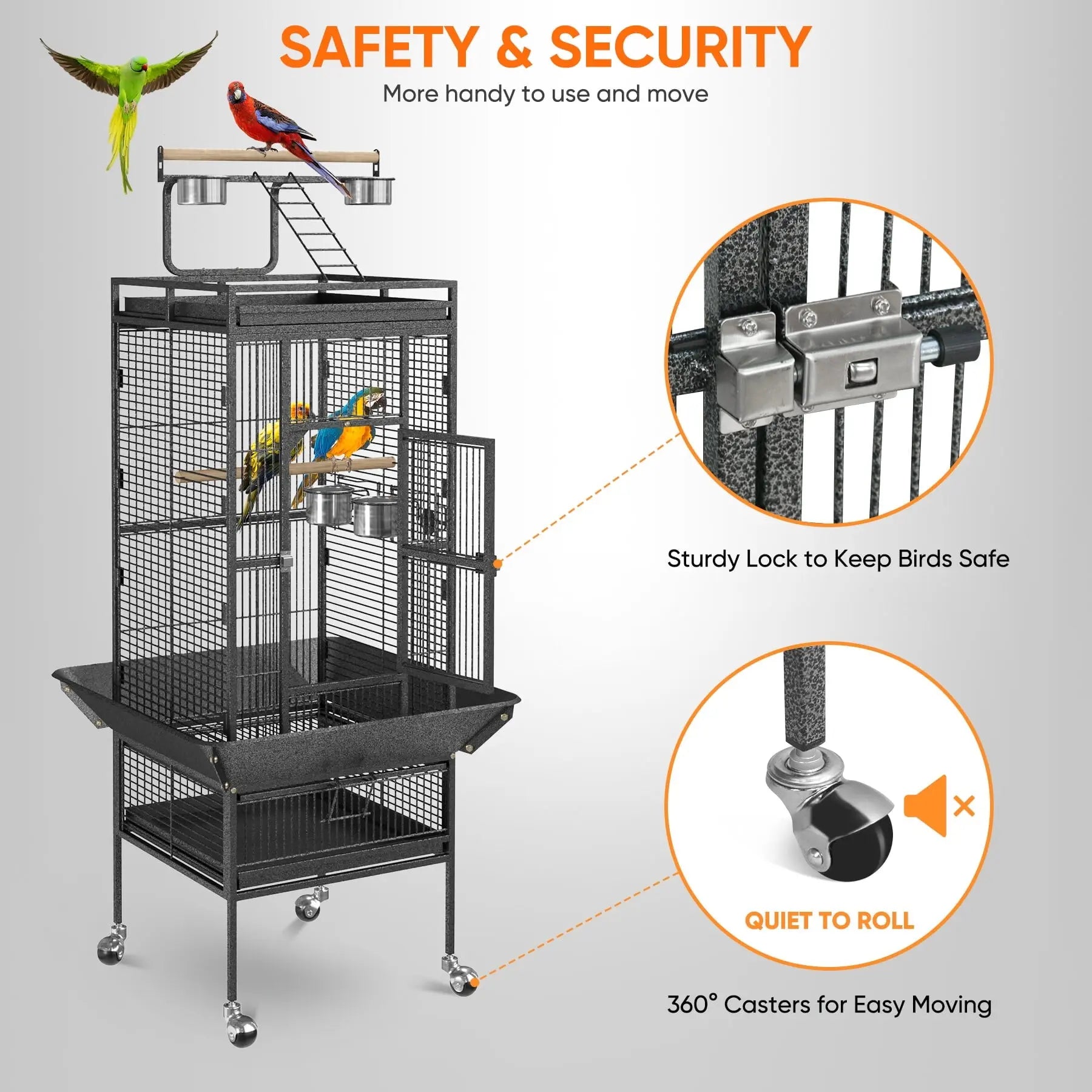 61-In Large Bird Cage Play Top W/Rolling Stand for Parrot Bird Black Iron Frame