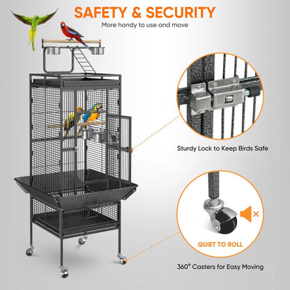 61-In Large Bird Cage Play Top W/Rolling Stand for Parrot Bird Black Iron Frame