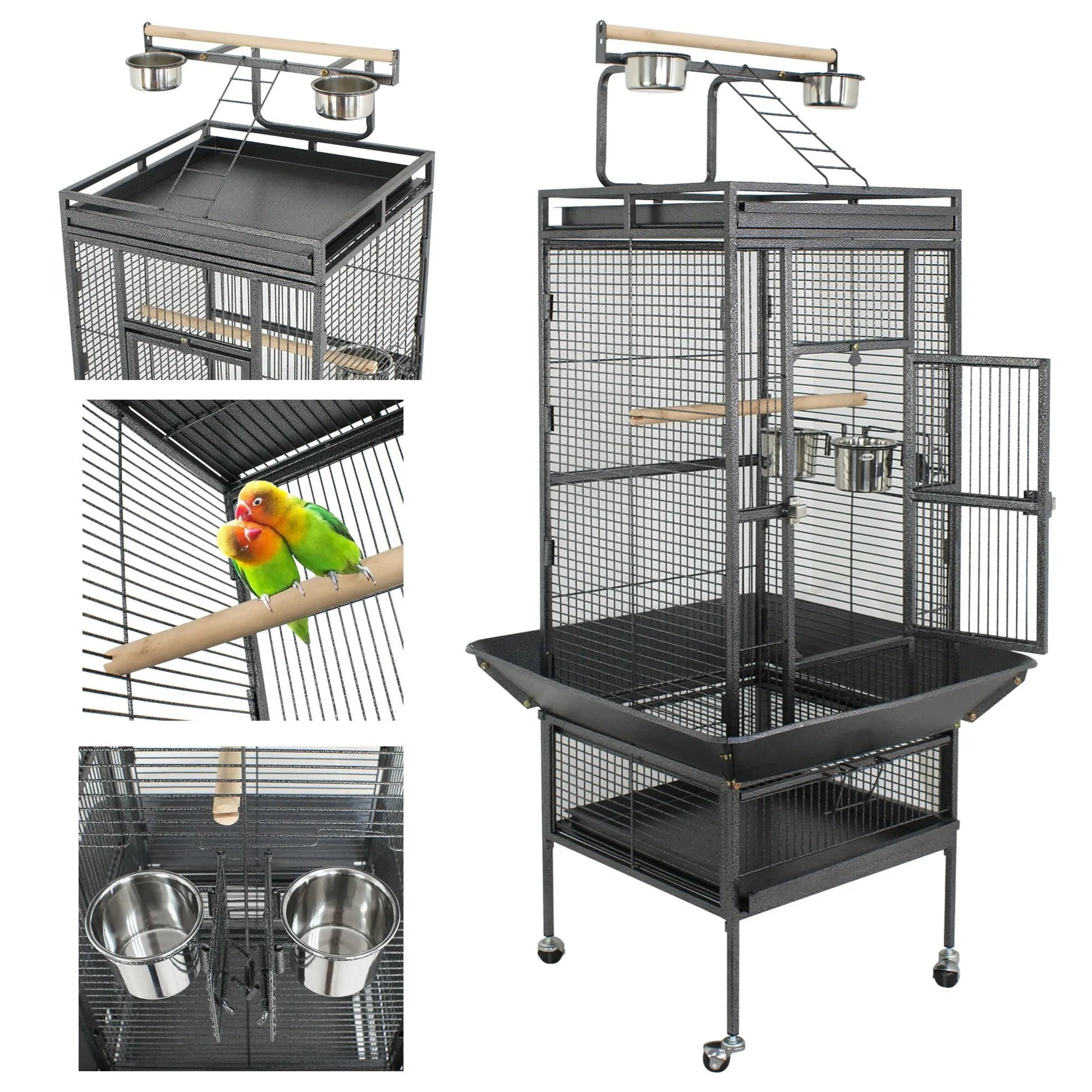 61-In Large Bird Cage Play Top W/Rolling Stand for Parrot Bird Black Iron Frame