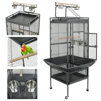 61-In Large Bird Cage Play Top W/Rolling Stand for Parrot Bird Black Iron Frame