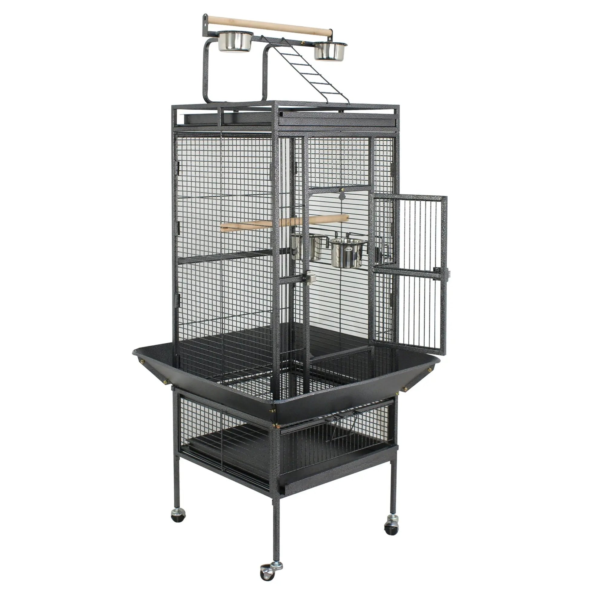 61-In Large Bird Cage Play Top W/Rolling Stand for Parrot Bird Black Iron Frame