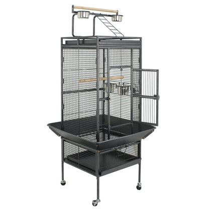 61-In Large Bird Cage Play Top W/Rolling Stand for Parrot Bird Black Iron Frame