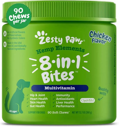 8-in-1 Multifunctional Bites for Dogs – Hip & Joint, Skin, Gut, Heart & Immune Support Chicken - Hemp 90 Count (Pack Of 1)