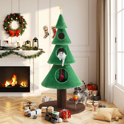 63" Christmas Tree Cat Tower w/ 3 Condos, Activity Center & Beds (Green) Default Title