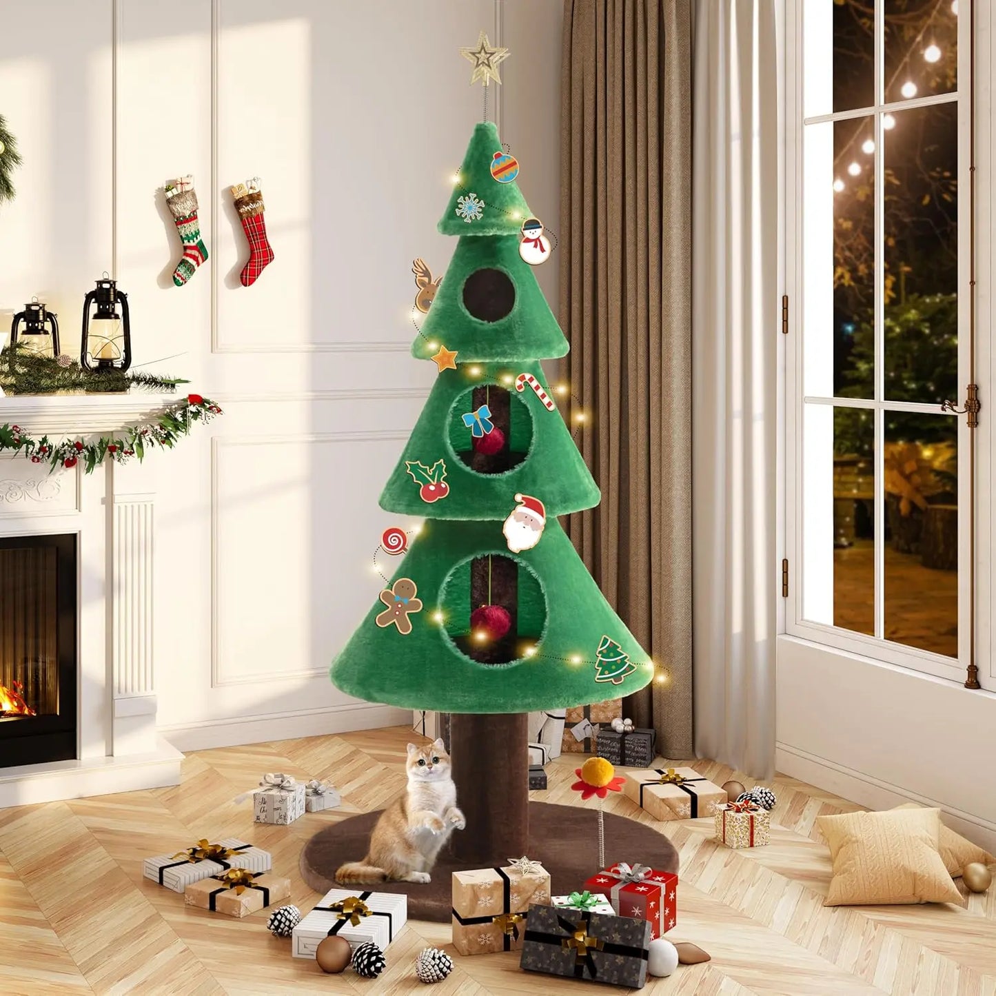 63" Christmas Tree Cat Tower w/ 3 Condos, Activity Center & Beds (Green)