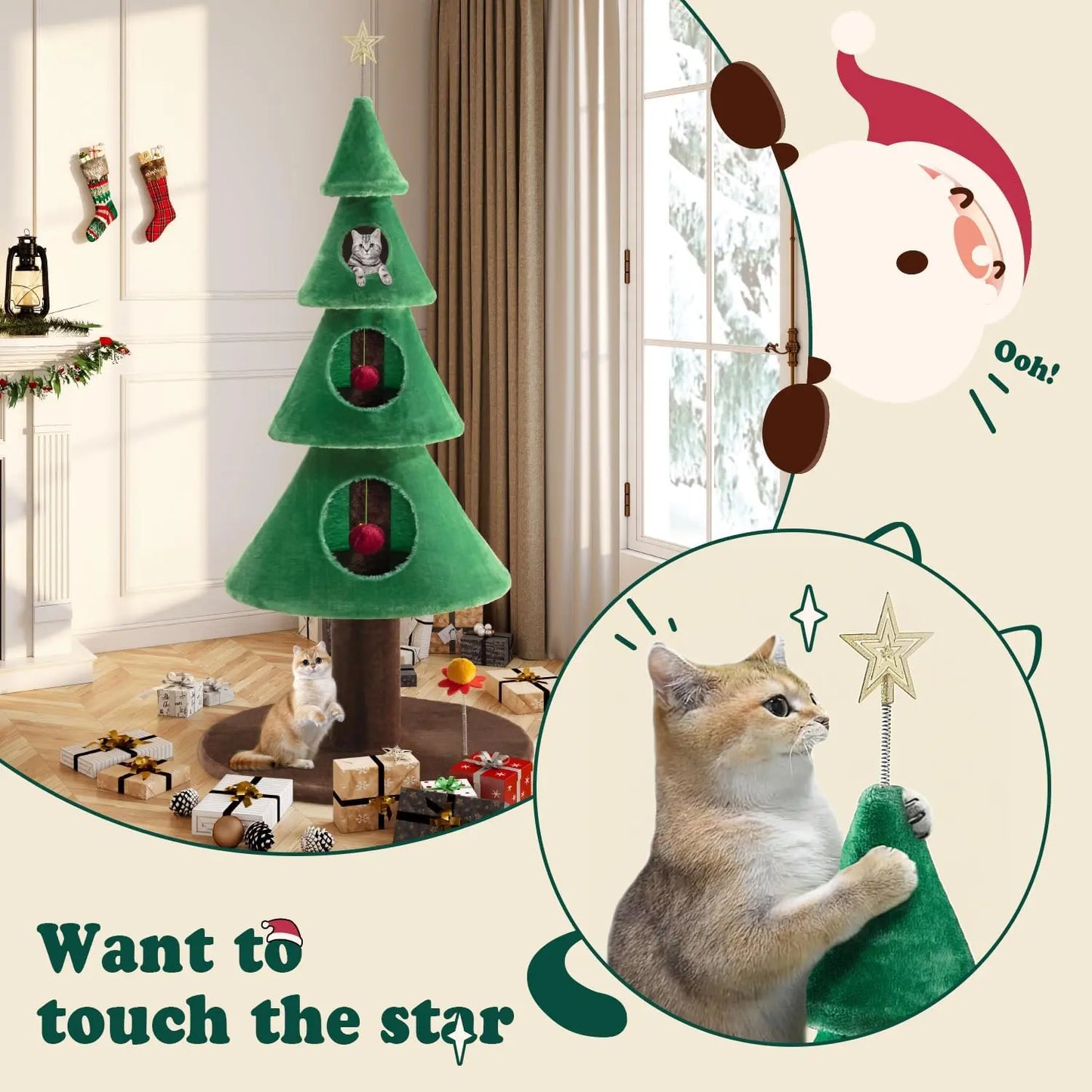 63" Christmas Tree Cat Tower w/ 3 Condos, Activity Center & Beds (Green)