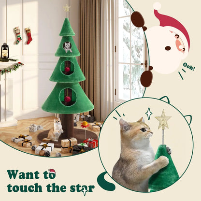 63" Christmas Tree Cat Tower w/ 3 Condos, Activity Center & Beds (Green)