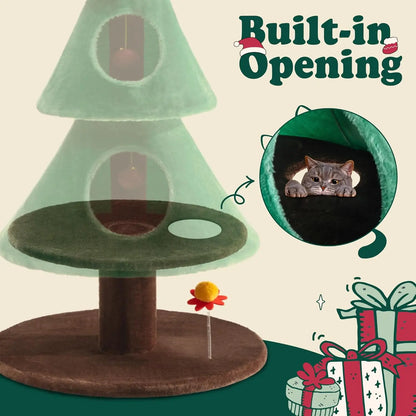 63" Christmas Tree Cat Tower w/ 3 Condos, Activity Center & Beds (Green)