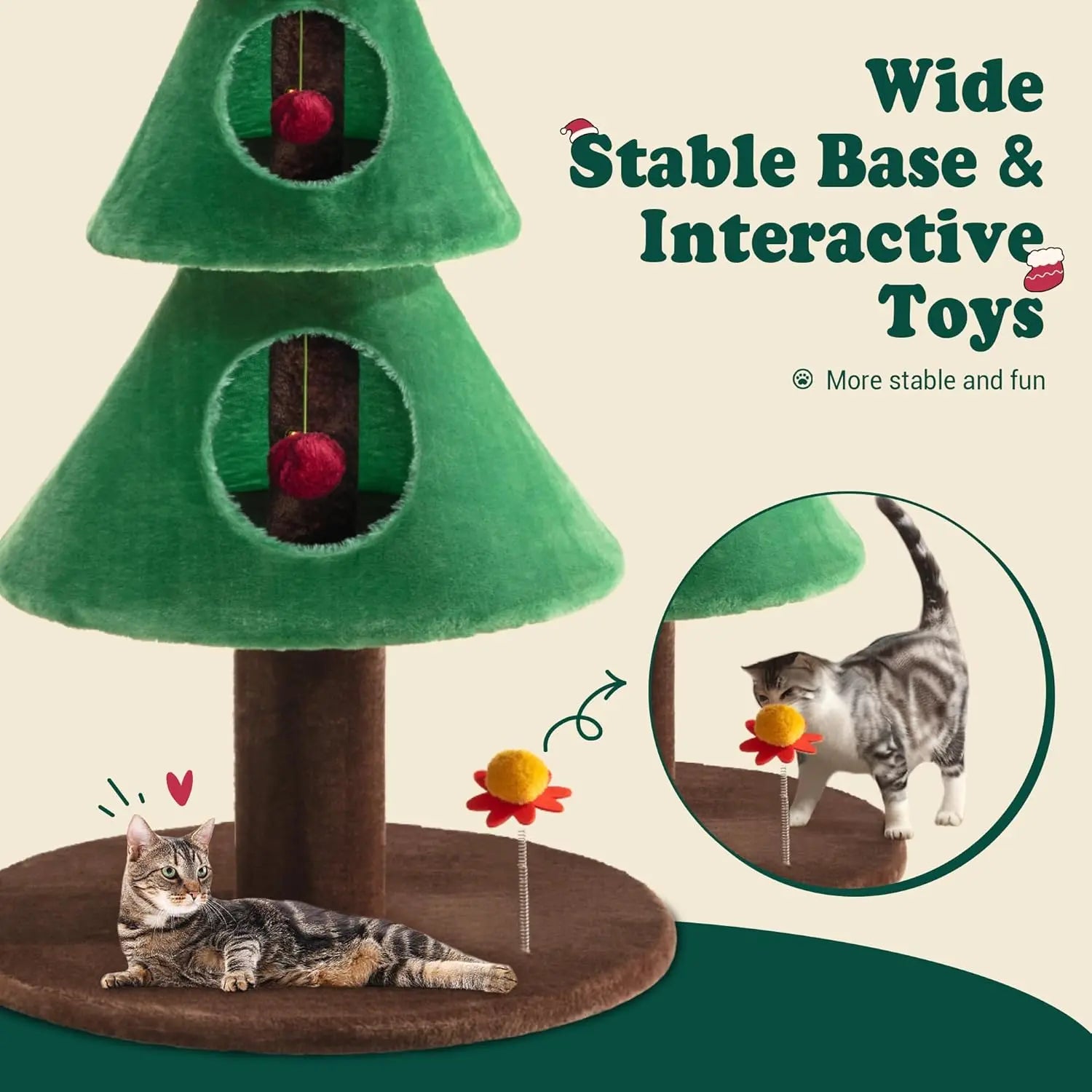 63" Christmas Tree Cat Tower w/ 3 Condos, Activity Center & Beds (Green)