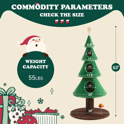 63" Christmas Tree Cat Tower w/ 3 Condos, Activity Center & Beds (Green)