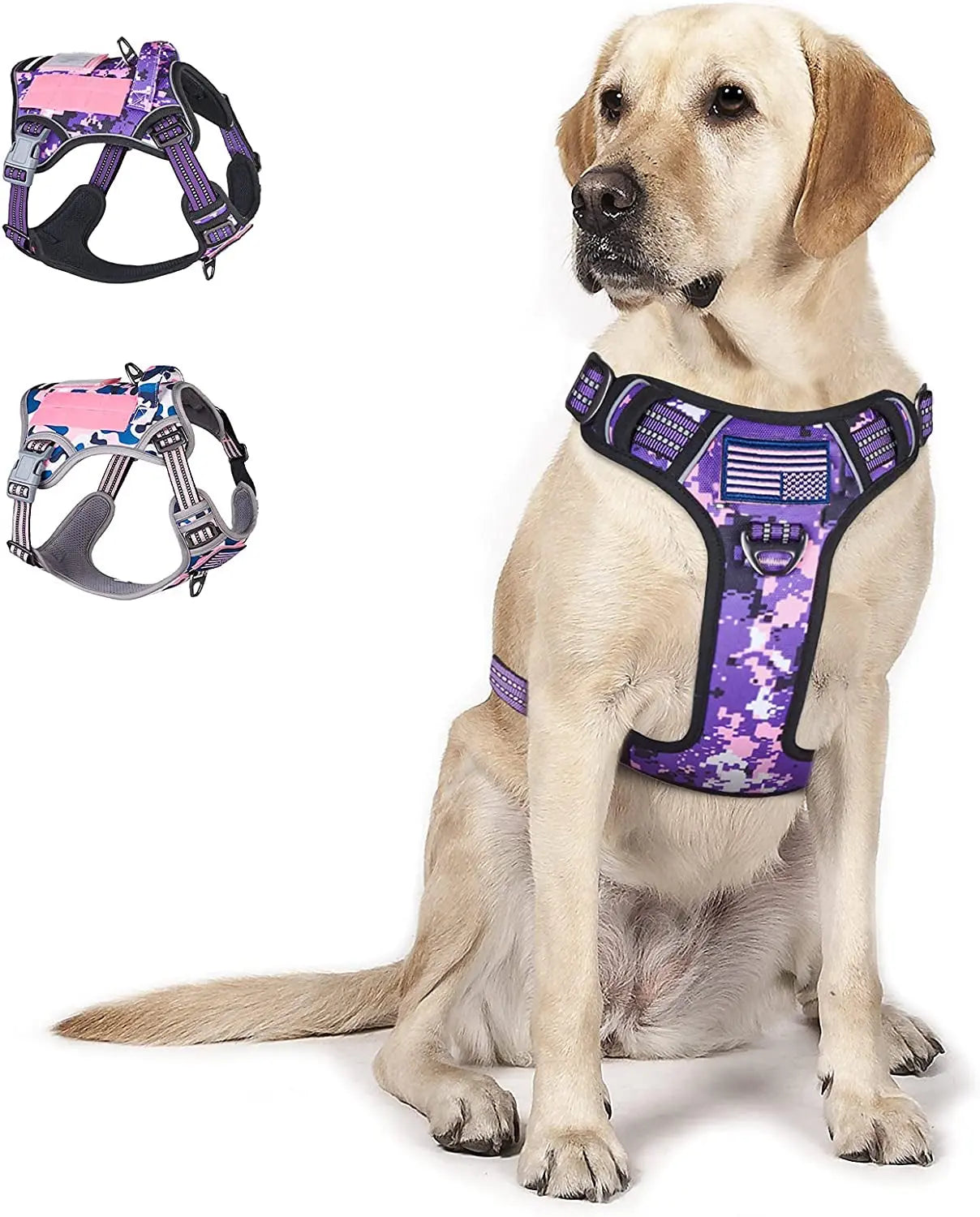 Tactical No Pull Dog Harness Large Dogs Adjustable Reflective Training Vest w/ Handle Purple Camo L(Neck:19-25", Chest:21-35")