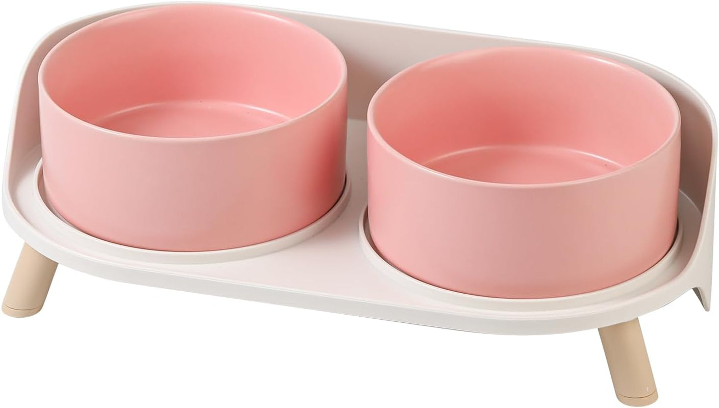 Elevated Ceramic Cat & Dog Bowl Set with Splash Guard, Non-Slip Stand (2x480ml) Pink Medium
