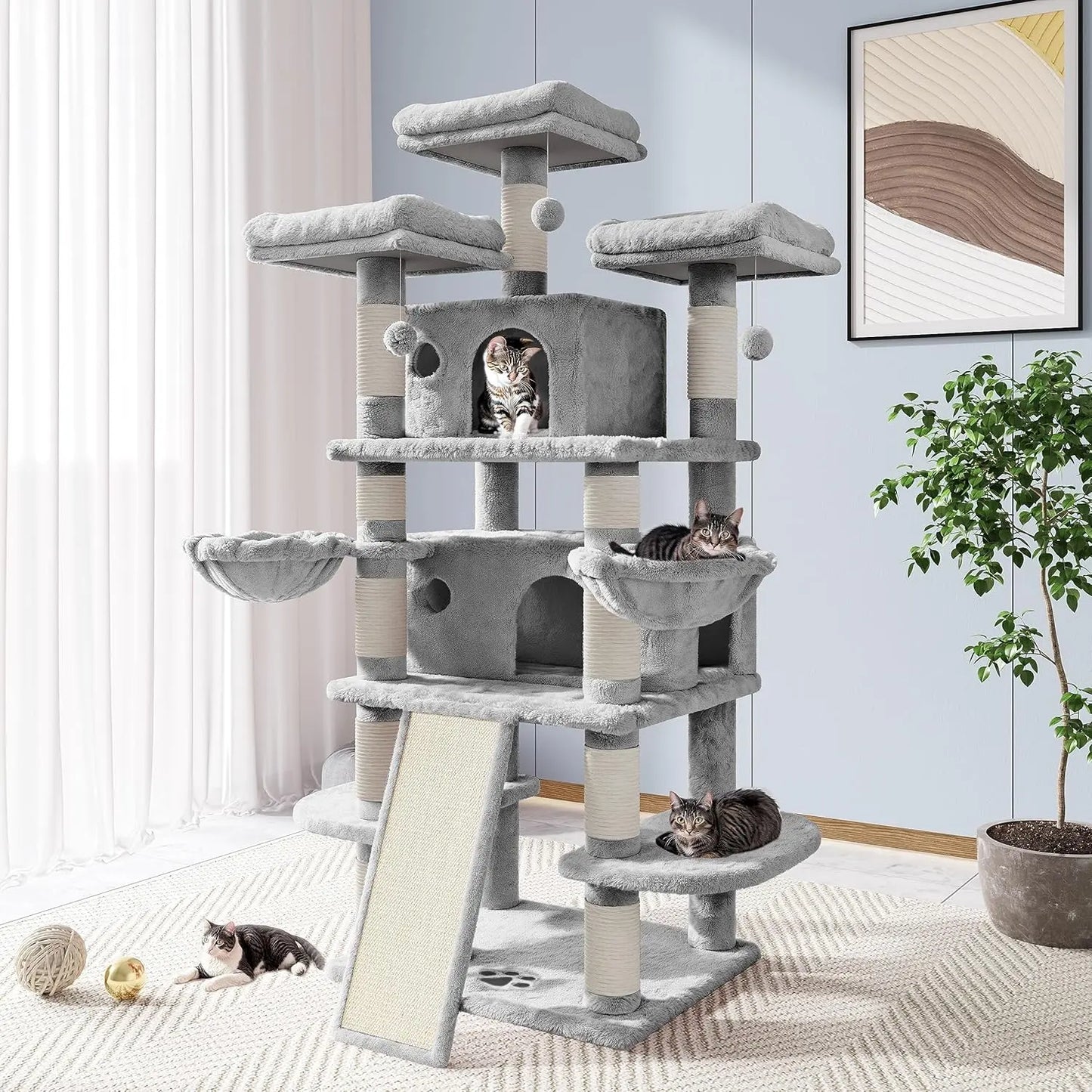 68-Inch Multi-Level Cat Tower–XL Cat Condo with Scratching Posts(Various Colors) Light Grey