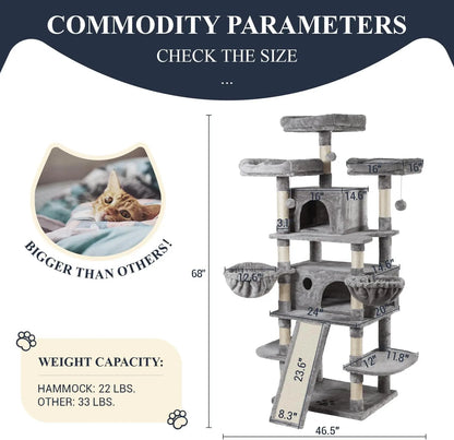 68-Inch Multi-Level Cat Tower–XL Cat Condo with Scratching Posts(Various Colors)