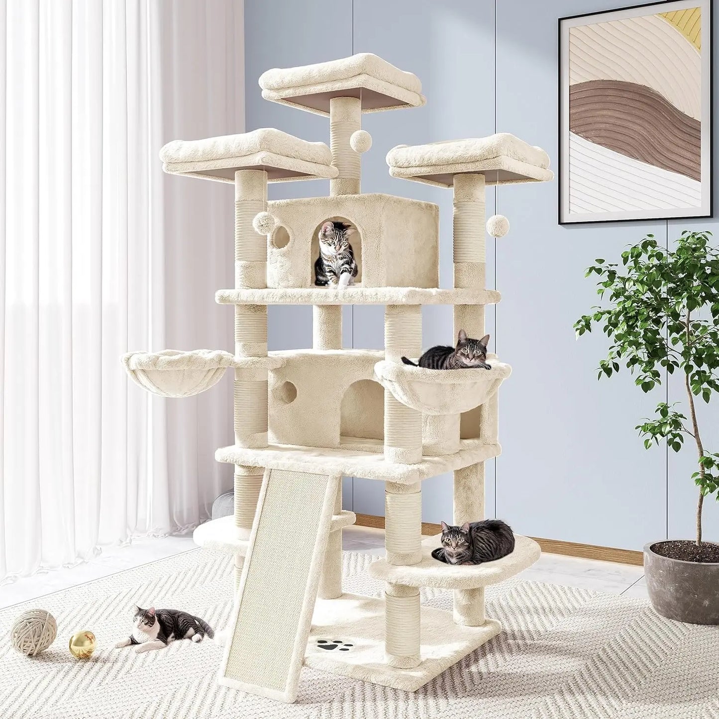 68-Inch Multi-Level Cat Tower–XL Cat Condo with Scratching Posts(Various Colors) Beige