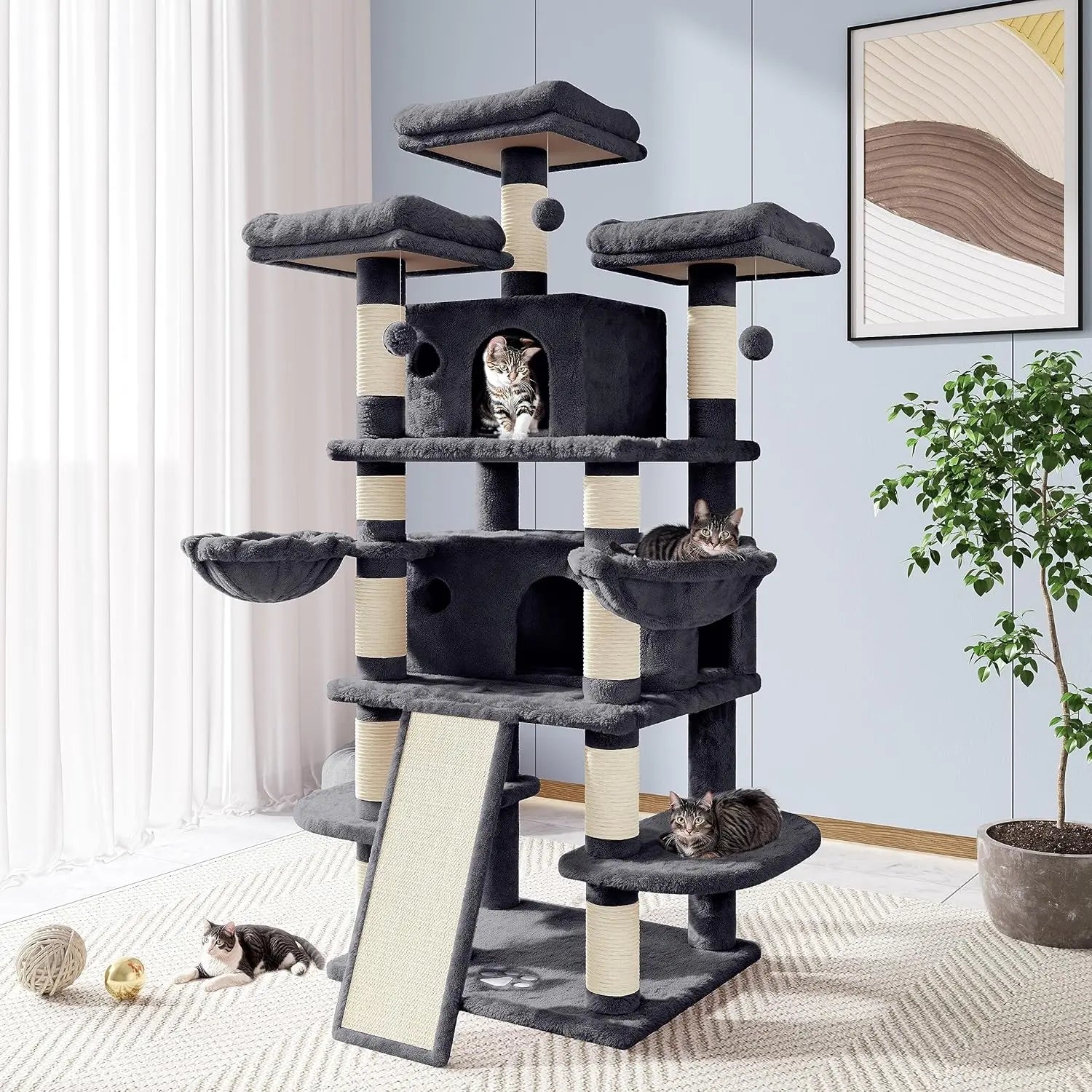 68-Inch Multi-Level Cat Tower–XL Cat Condo with Scratching Posts(Various Colors) Smoky Grey