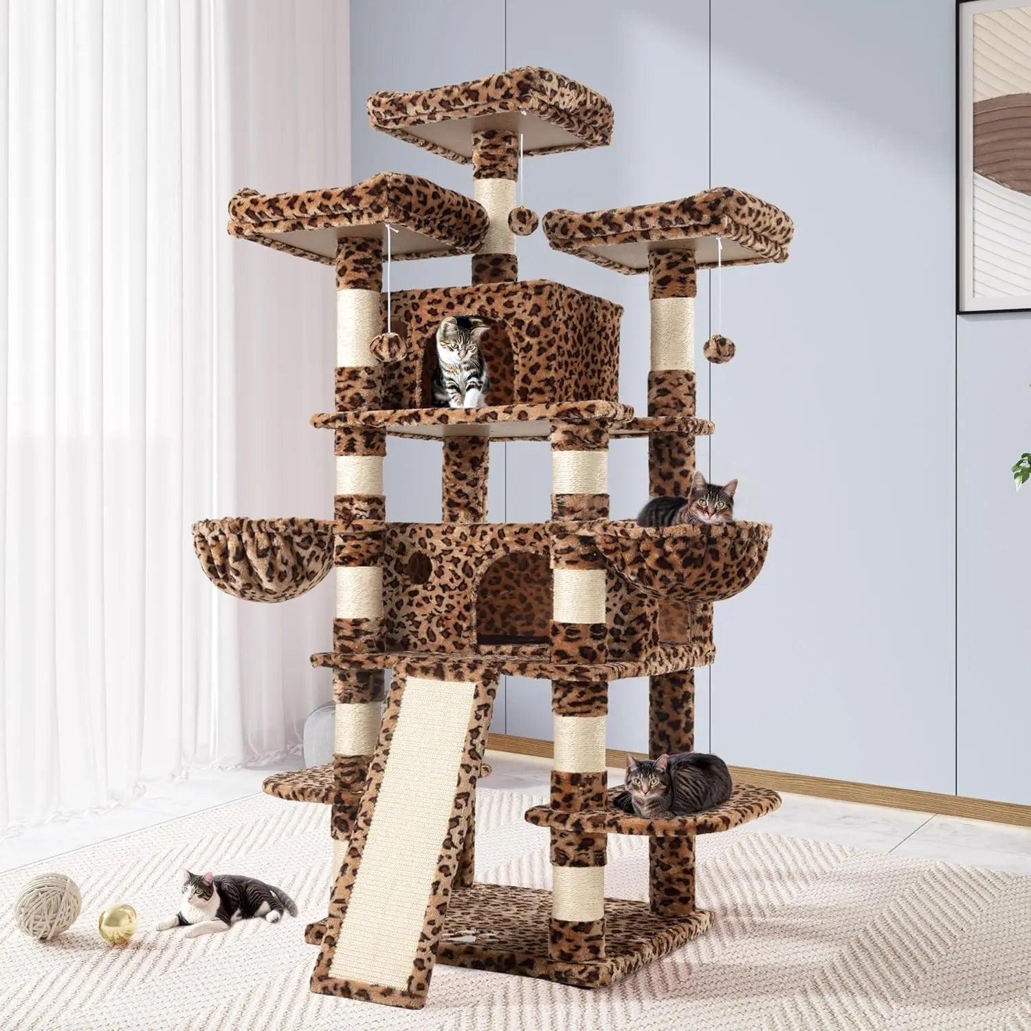 68-Inch Multi-Level Cat Tower–XL Cat Condo with Scratching Posts(Various Colors) Leopard Print
