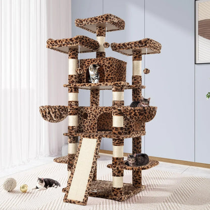 68-Inch Multi-Level Cat Tower–XL Cat Condo with Scratching Posts(Various Colors) Leopard Print