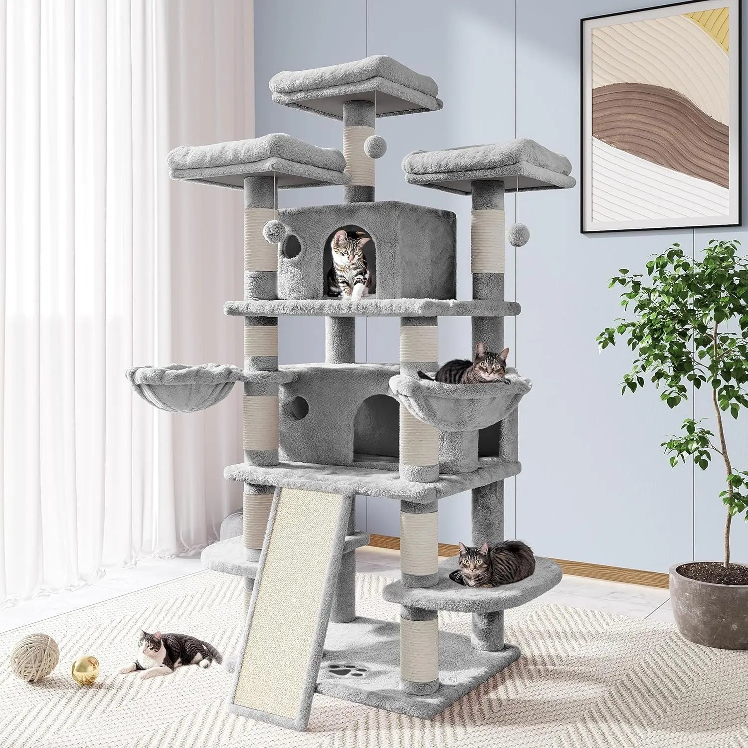 68-Inch Multi-Level Cat Tower–XL Cat Condo with Scratching Posts(Various Colors) Light Grey