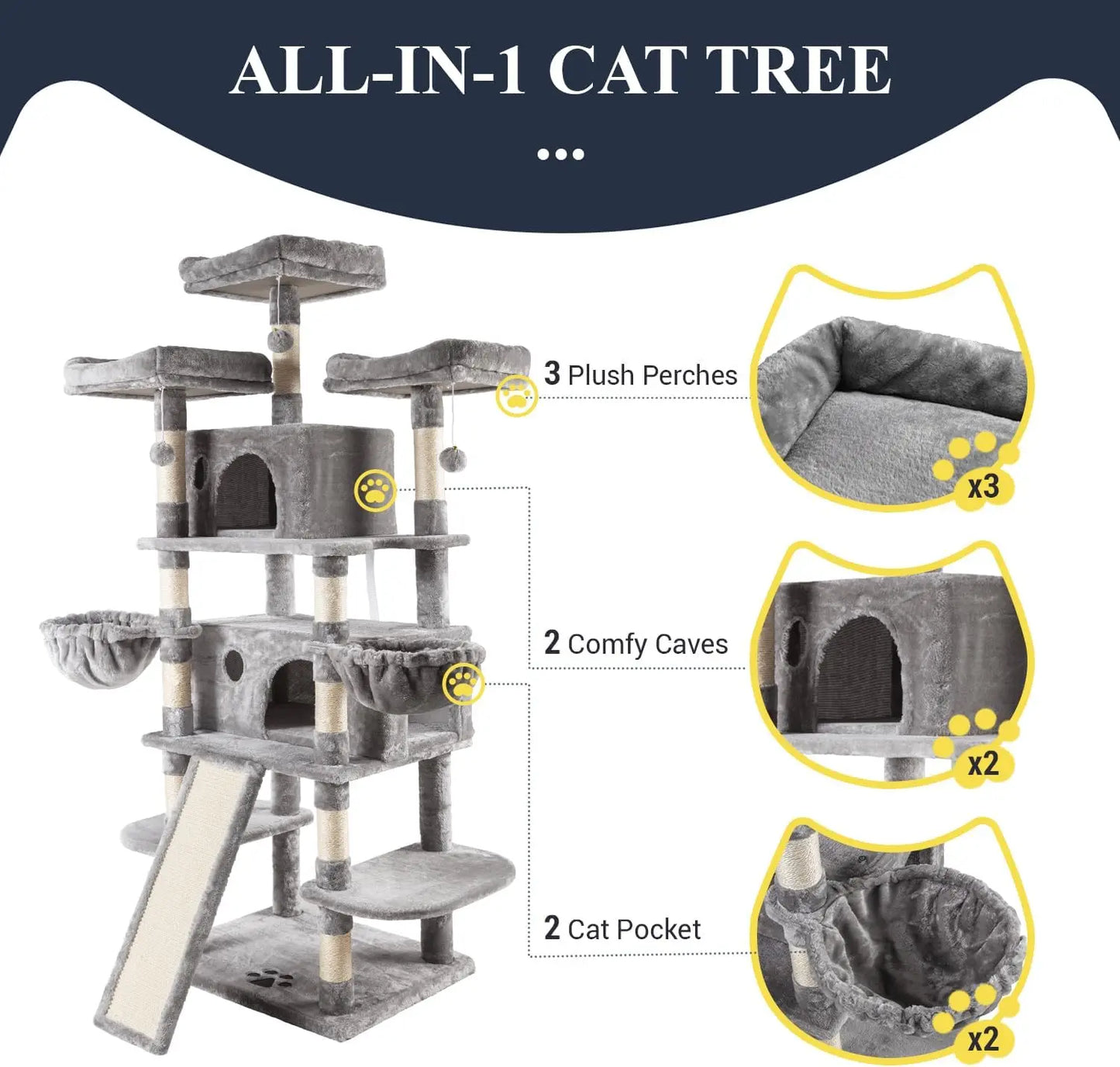 68-Inch Multi-Level Cat Tower–XL Cat Condo with Scratching Posts(Various Colors)