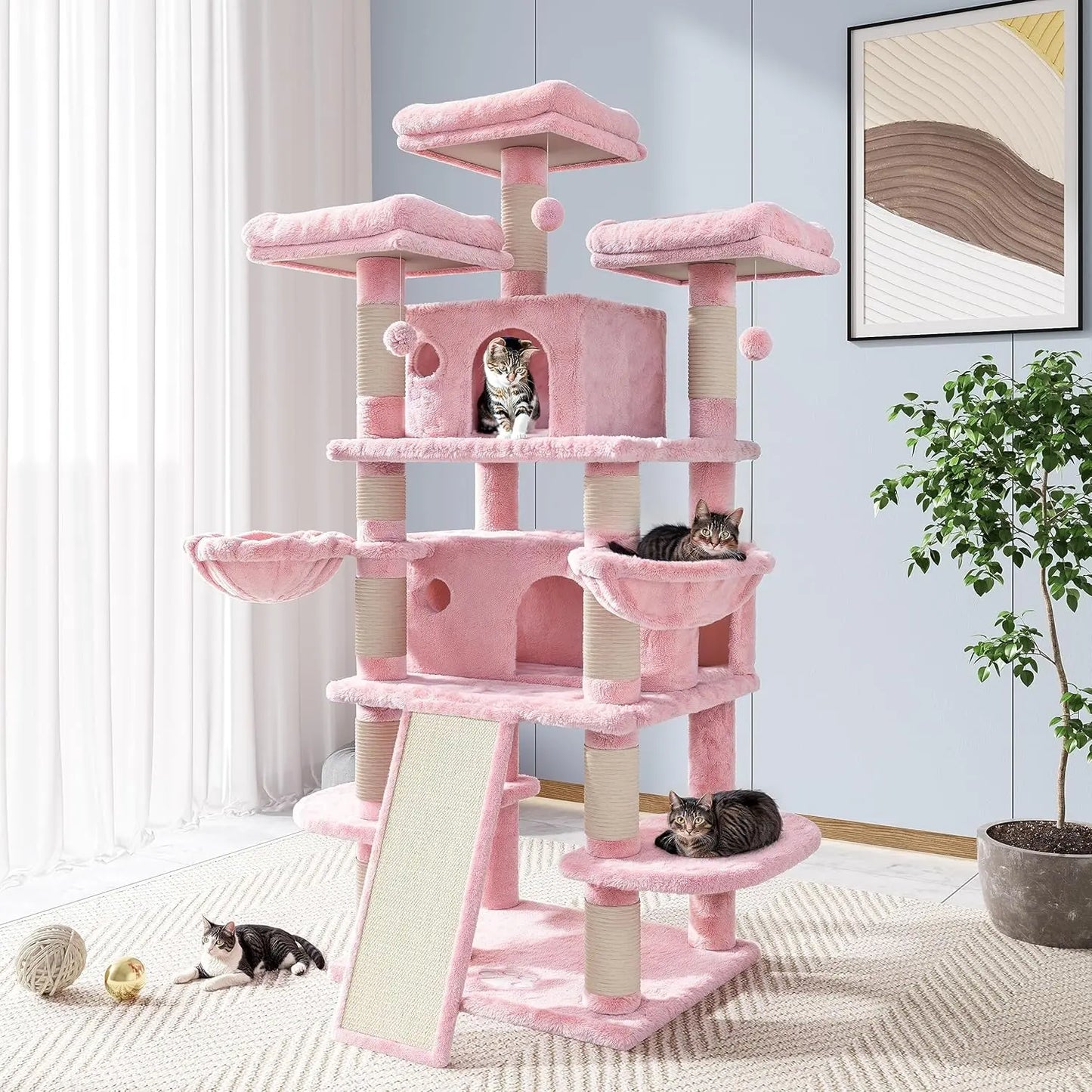68-Inch Multi-Level Cat Tower–XL Cat Condo with Scratching Posts(Various Colors) Pink
