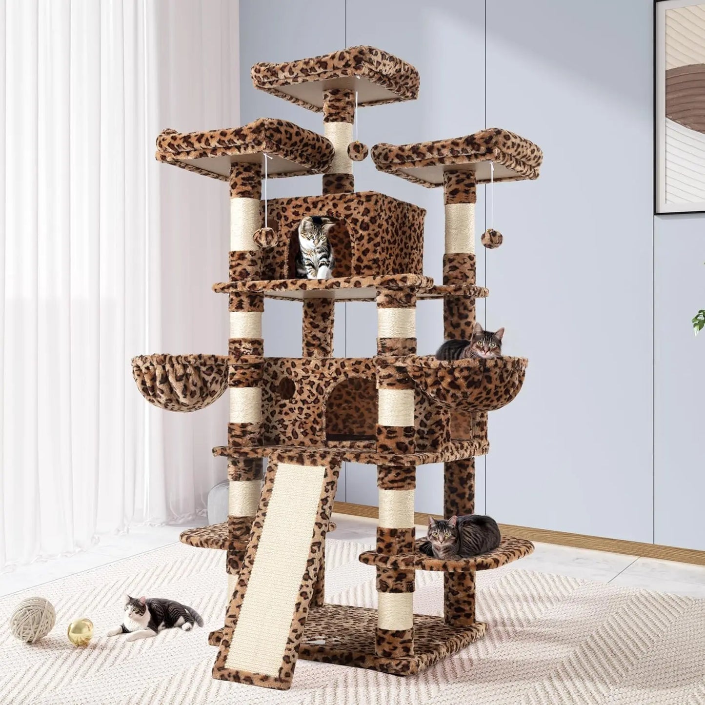 68-Inch Multi-Level Cat Tower–XL Cat Condo with Scratching Posts(Various Colors) Leopard Print
