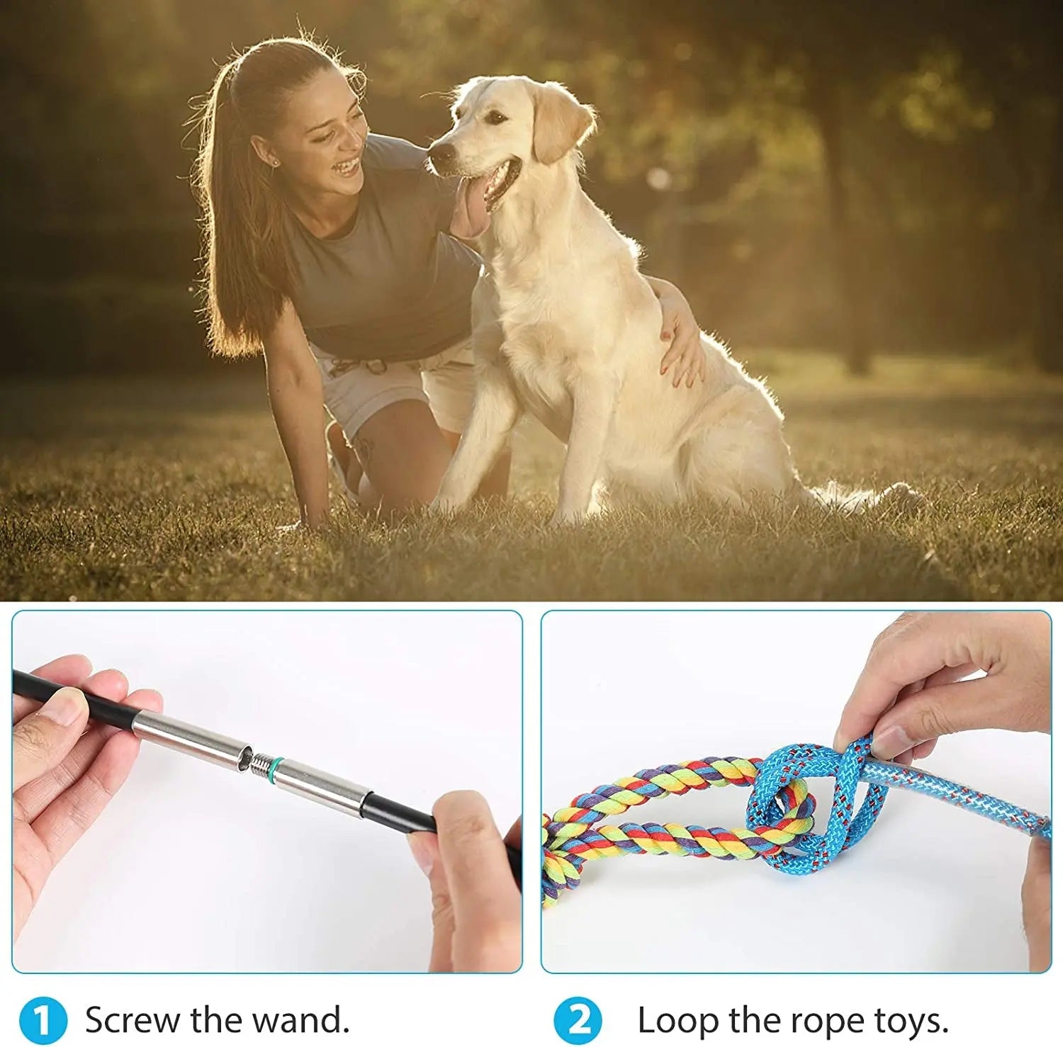 Flirt Pole Dog Toy Interactive Chase & Tug Training Wand for Small Medium Large Dogs