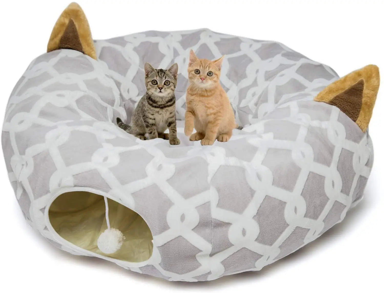 Plush Cat Tunnel Bed & Play Met - Large 10" x 3" Flexible Play Tube with Cushion & Toys for Cats, Kittens & Small Dogs