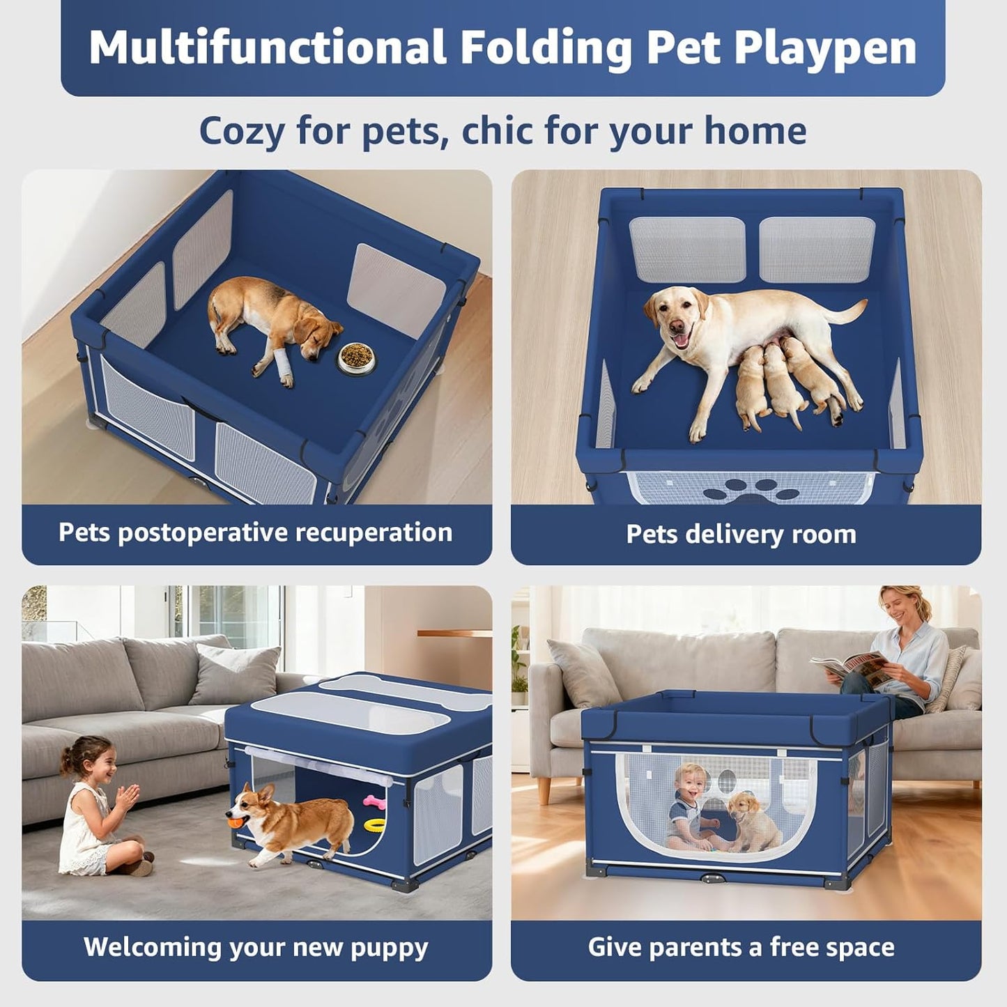 Foldable Dog & Small Animal Playpen with Cover, 1-Minute Setup Portable Pen