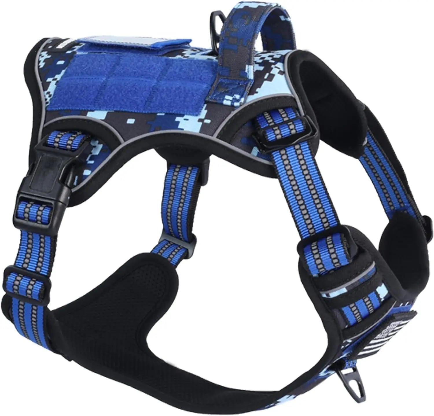 Tactical No Pull Dog Harness Large Dogs Adjustable Reflective Training Vest w/ Handle Blue Camo S(Neck:13-16", Chest:15-23")