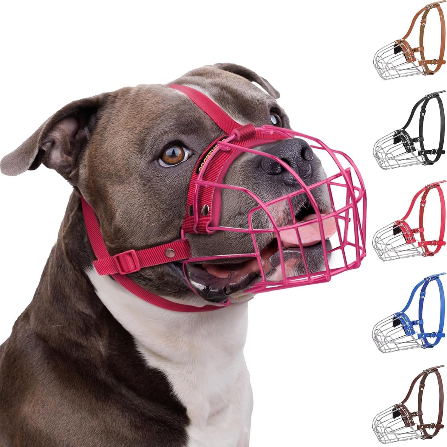 Breathable Metal Basket Dog Muzzle for Large Dogs with Leather Straps Nylon, Pink