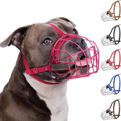 Breathable Metal Basket Dog Muzzle for Large Dogs with Leather Straps Nylon, Pink