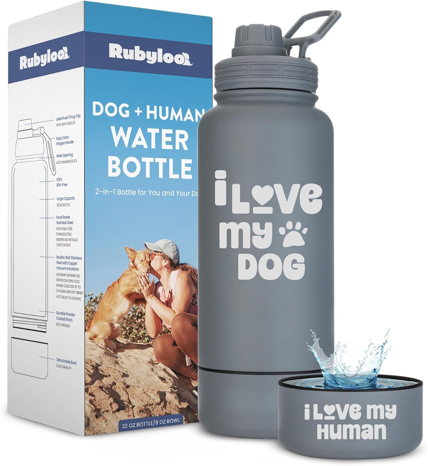 Dog Mom Water Bottle 32oz Insulated Stainless Steel with Dog Bowl Travel Love My Dog: Smoky Grey