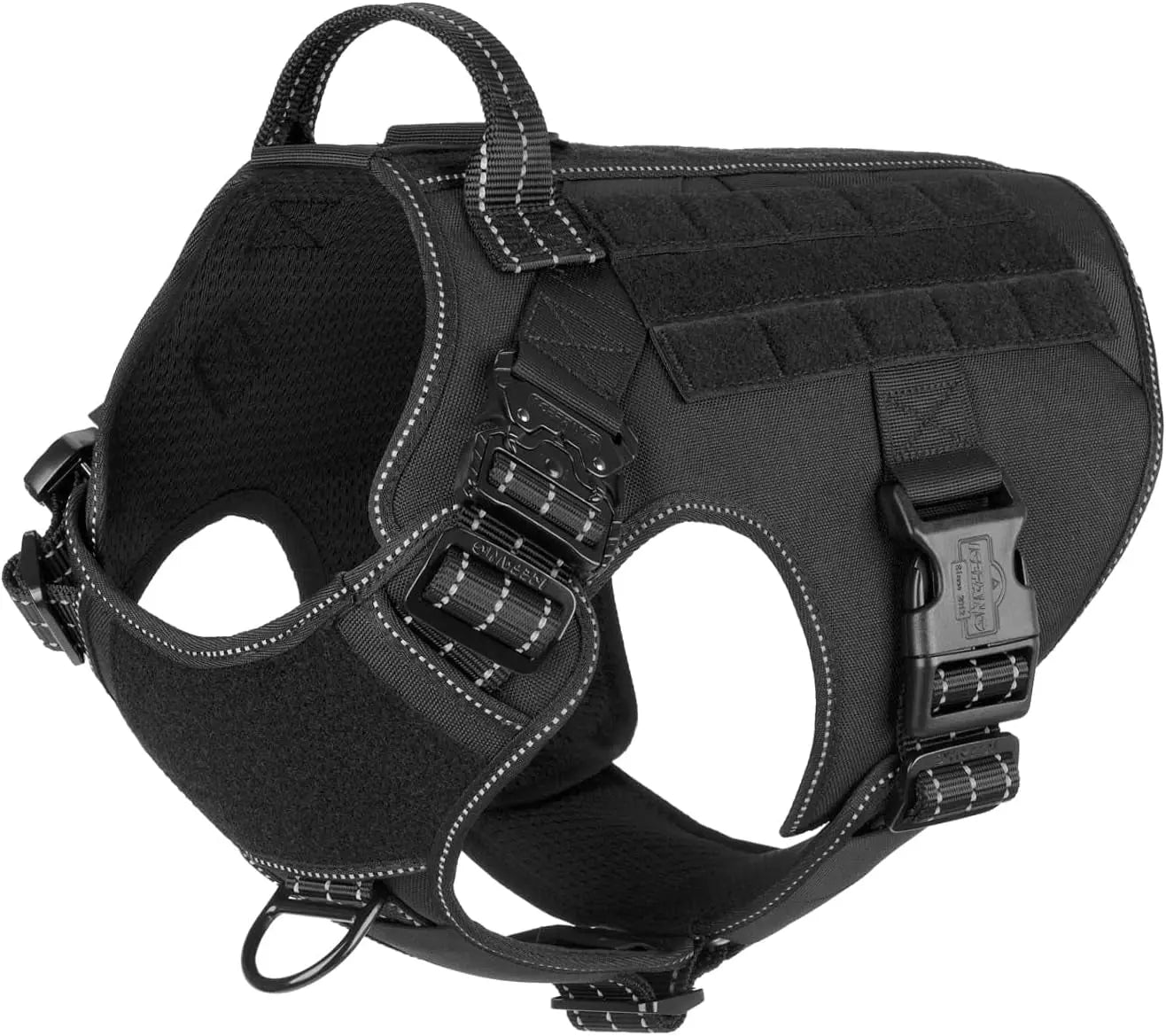 No-Pull Tactical Dog Harness with Handle – 2X Metal Buckles, Adjustable Vest with Hook & Loop Panels (All Sizes) Black