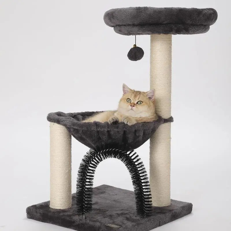 27.5" Cat Tower for Indoor Cats, Multi-Level Scratching Posts, Plush Basket & Perch, Dangling Ball for Play & Rest Black