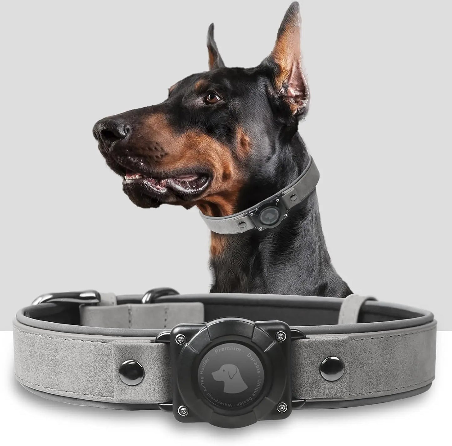 Premium Leather Airtag Dog Collar – Waterproof, Reflective, Adjustable GPS Tracker for All Dogs Grey