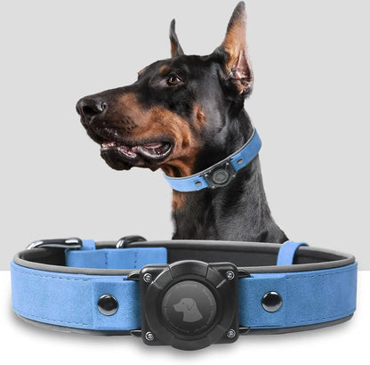Premium Leather Airtag Dog Collar – Waterproof, Reflective, Adjustable GPS Tracker for All Dogs Blue