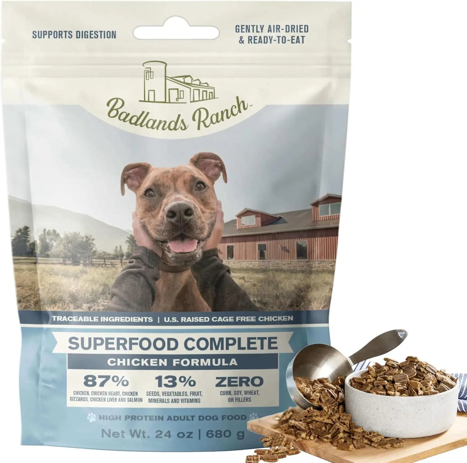 Superfood Complete Adult Dog Food 24oz Beef or Fish | Air-Dried High Protein, No Fillers Chicken 24 Oz