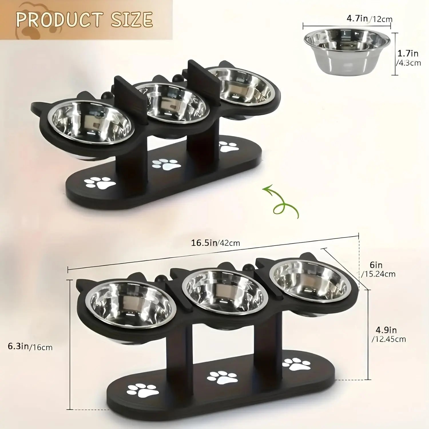 Raised Pet Bowls with Stand – Adjustable 15° Tilt Elevated Feeder, 3 Stainless Steel Bowls