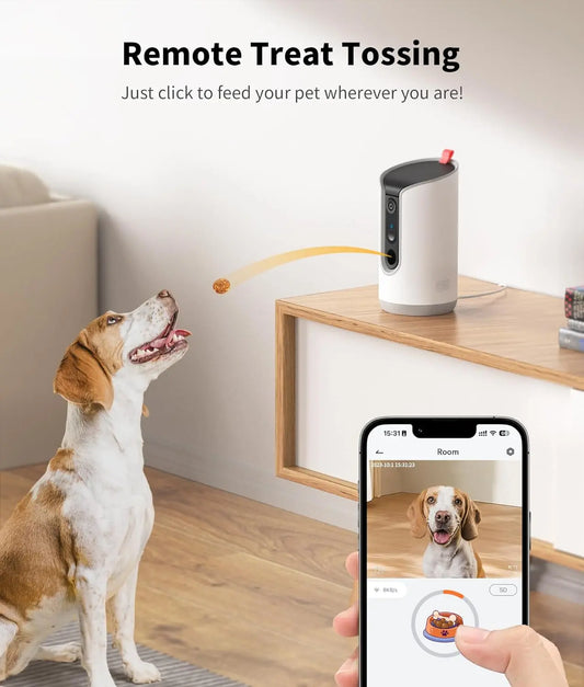2K Dog Cat Camera with Treat Dispenser, 360° WiFi, 2-Way Talk, Works with Alexa & Google