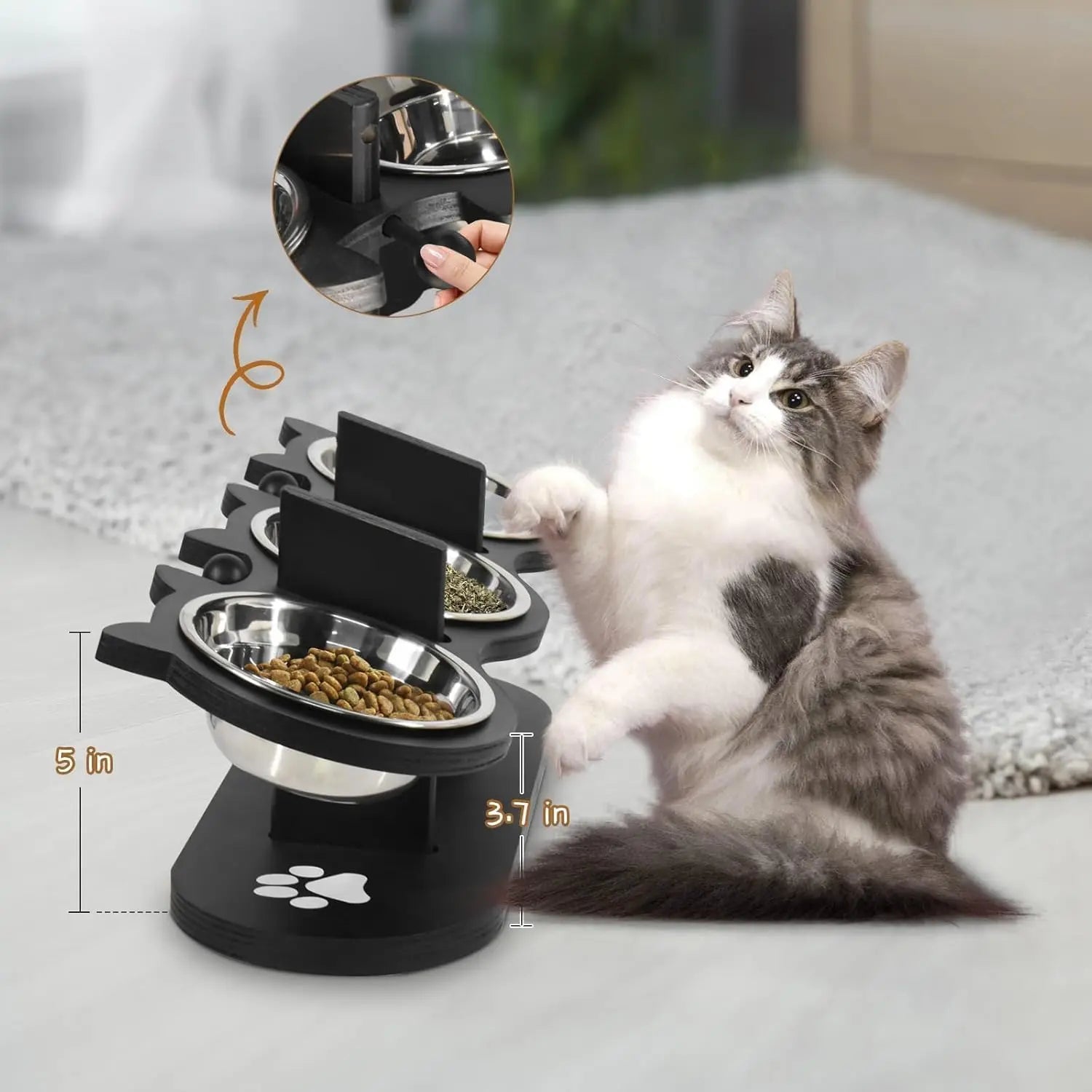 Raised Pet Bowls with Stand – Adjustable 15° Tilt Elevated Feeder, 3 Stainless Steel Bowls