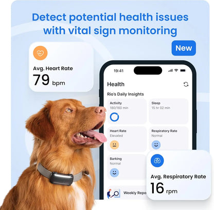 Smart Dog GPS Tracker with Virtual Fence, Vital Signs & Bark Monitoring, Waterproof Collar Attachment